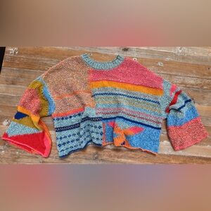 moon & madison Colorful Patchwork Sweater Wool Blend Crochet Hippie Boho